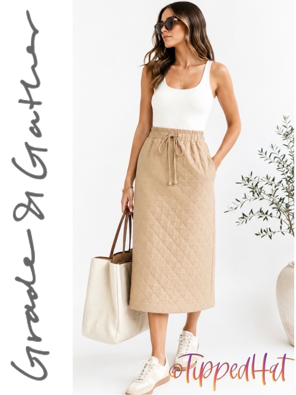 Grade & Gather Quilted Midi Skirt Tan Cotton Size Small NWT $104 - Picture 1 of 5